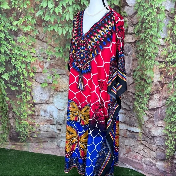 TRUE ROCK Red and Blue Maxi Length Caftan, One Size - Picture 6 of 13